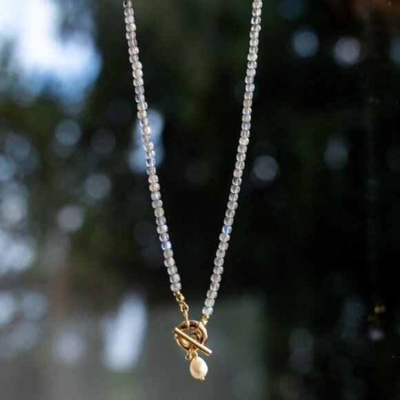 Labradorite Gemstone Necklace Gold Toggle Clasp Removable Pearl Healing Crystal - Picture 9 of 14